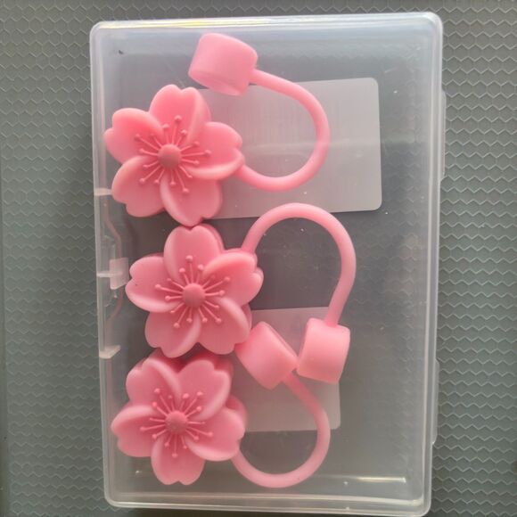 Set Of 3 Pink Flower Silicone Straw Drink Toppers w/ Case Stocking Stuffer - Picture 2 of 2